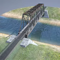 Steel Railway Bridge Structure Spanning Water With Concrete Piers And Rail Tracks