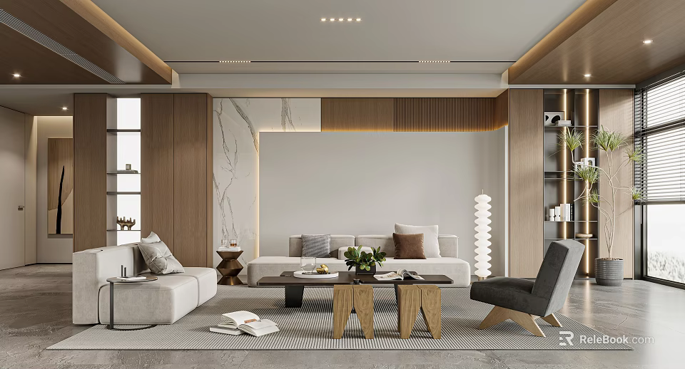 Modern Living Room Interior Design With Sofa Coffee Table And Wooden Wall Panels 3d model 