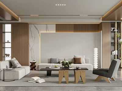 Modern Living Room Interior Design With Sofa Coffee Table And Wooden Wall Panels 3d model