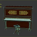 Elegant Red Wooden Piano with Intricate Golden Carvings and Matching Stool for Home Living