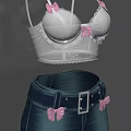 White Lace Brassiere With Pink Bows And Dark Blue Denim Shorts With White Belt Buckle