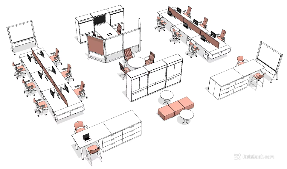 Modern Office Workspace With Multiple Desks Ergonomic Chairs And Computers 3d model 