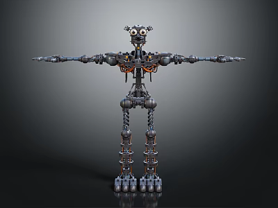 Detailed Mechanical Robot Character Featuring Large Eyes Outstretched Limbs Metal Gears And Chains 3d model