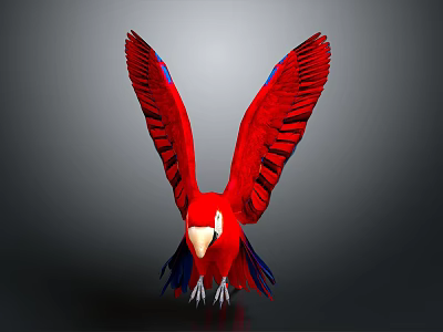 Red Parrot with Spread Wings Blue Feathers and Yellow Beak on Gray Background 3d model