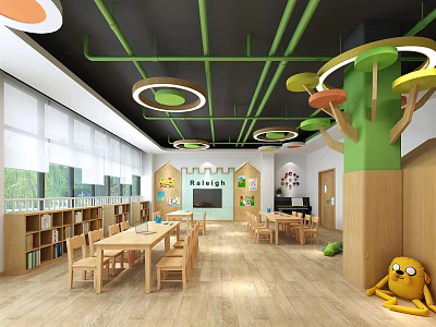 Kindergarten Interior With Wooden Tables Chairs Green Pipe Decorations And Play Learn Theme 3d model
