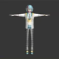 Anime 3D Character Creature With Blue Green Hair White Coat Yellow Vest And Outstretched Arms