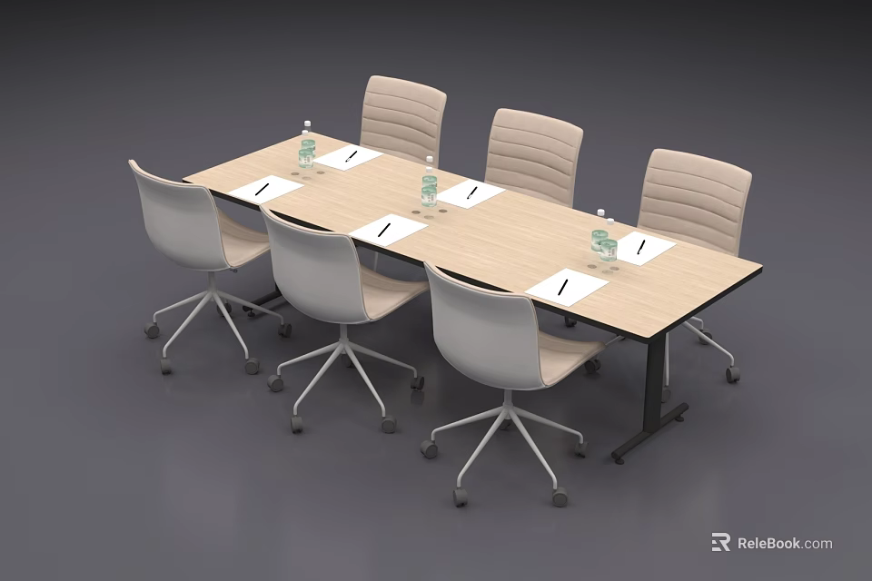 Modern Office Meeting Table With Six Rolling Chairs Water Bottles And Documents 3d model 
