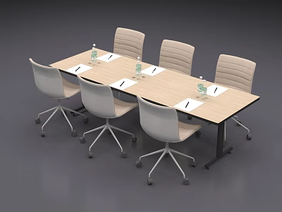 Modern Office Meeting Table With Six Rolling Chairs Water Bottles And Documents 3d model