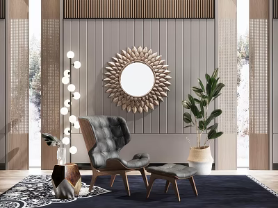 Modern Gray Accent Chair With Wooden Frame Ottoman Sunburst Mirror And Floor Lamp 3d model