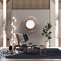 Modern Gray Accent Chair With Wooden Frame Ottoman Sunburst Mirror And Floor Lamp