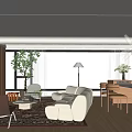 Modern Living Dining Room Interior Design With White Sofa Dining Chairs And Large Window Plant