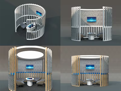 Circular Office Booth With Wooden Frame Table And Chairs And Digital Screen 3d model