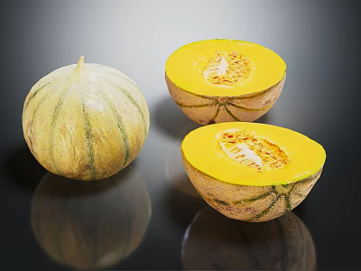 Fresh Cantaloupe Fruit Whole And Halved Showing Vibrant Yellow Flesh On Reflective Black Surface 3d model