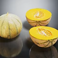 Fresh Cantaloupe Fruit Whole And Halved Showing Vibrant Yellow Flesh On Reflective Black Surface