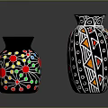 Colorful Flowers in Decorative Vases with Colorful Dots and Geometric Patterns