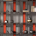 Modern Metal Frame Shelving Unit With Red Accents Teapots And Books