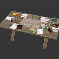 Cluttered Wooden Office Desk With Papers Pens Map Snack Bags And Documents
