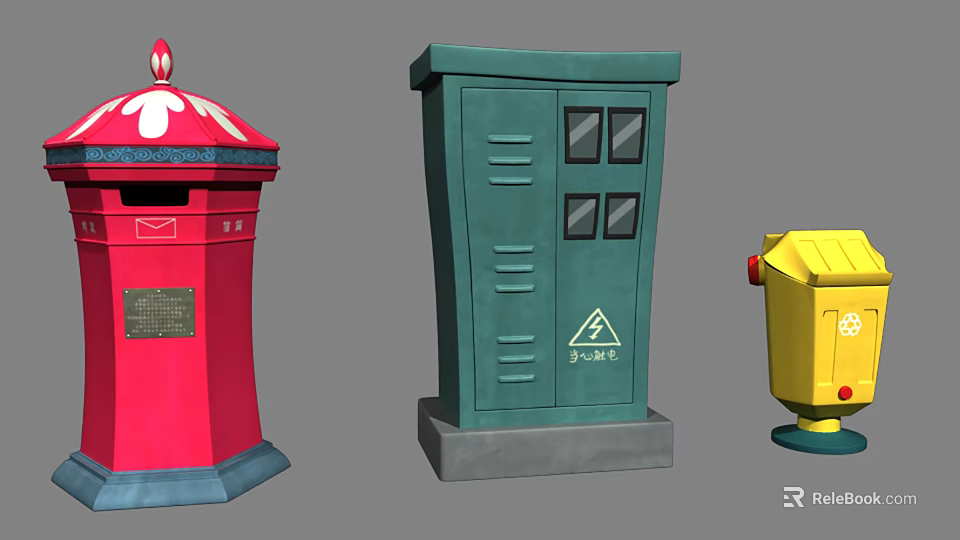 Colorful Cartoon Scene With Red Mailbox Green Cabinet And Yellow Trash Can 3d model 