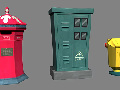 Colorful Cartoon Scene With Red Mailbox Green Cabinet And Yellow Trash Can 3d model