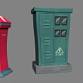 Colorful Cartoon Scene With Red Mailbox Green Cabinet And Yellow Trash Can