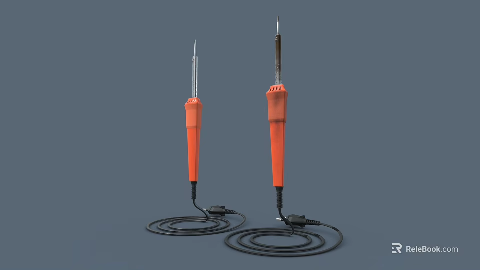 Two Orange Handle Soldering Irons With Black Power Cords On Gray Background 3d model