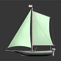 Wooden Sailboat With Green Sail Small Flag And Reflection On Black Surface