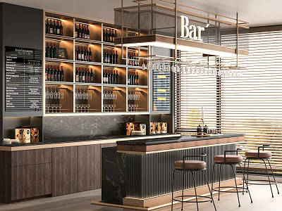 Modern Bar Interior Design With Wine Racks Counter Stools And Lighting 3d model