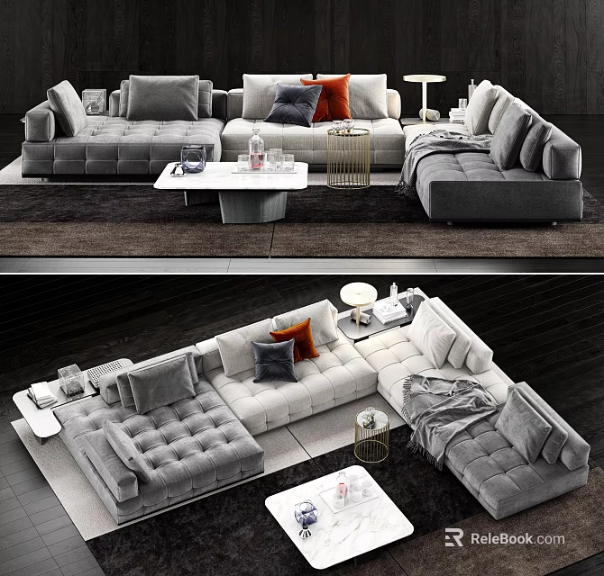 Modern Gray Sofa and Coffee Table Set with Plush Pillows and Side Table 3d model