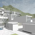 Modern Multi Story Guesthouse With Large Windows Balconies Trees And Mountain View