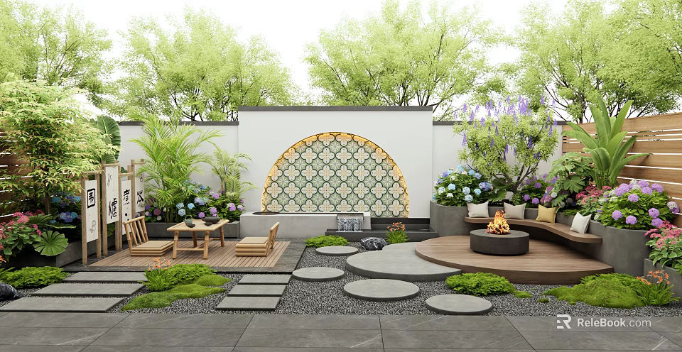 Courtyard Garden Featuring Mosaic Decorative Wall Green Plants Stone Pathways Fire Pit And Colorful Flowers 3d model 