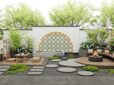 Courtyard Garden Featuring Mosaic Decorative Wall Green Plants Stone Pathways Fire Pit And Colorful Flowers 3d model