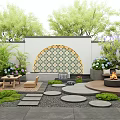 Courtyard Garden Featuring Mosaic Decorative Wall Green Plants Stone Pathways Fire Pit And Colorful Flowers
