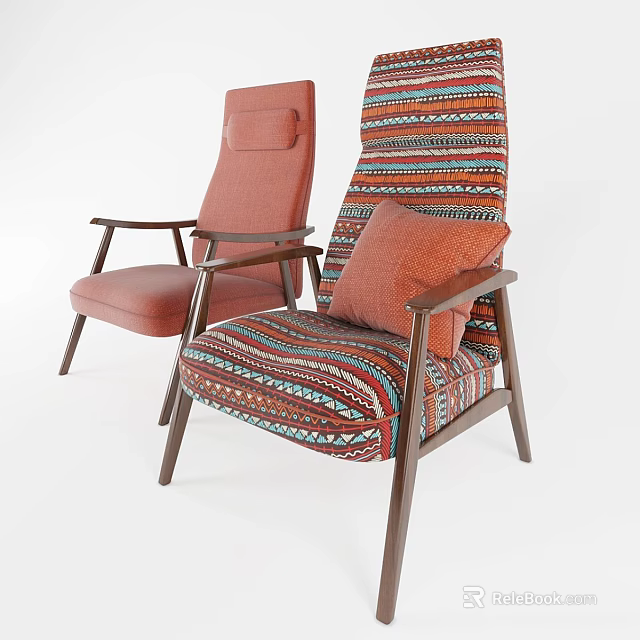 Colorful Patterned Accent Chairs With Red Fabric Orange Cushion And Wooden Frame 3d model 