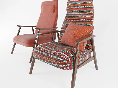 Colorful Patterned Accent Chairs With Red Fabric Orange Cushion And Wooden Frame 3d model