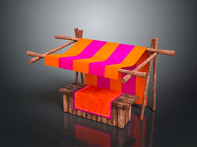 Modern Small Stall Design With Orange Pink Striped Awning And Wooden Frame 3d model