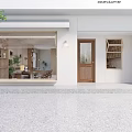 White Building Exterior Café Featuring Wooden Door Canopy Window Interior Tables And Green Plants