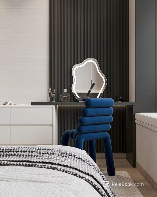 Stylish Modern Dressing Table With Irregular Shaped Mirror Blue Chair And Makeup Items 3d model
