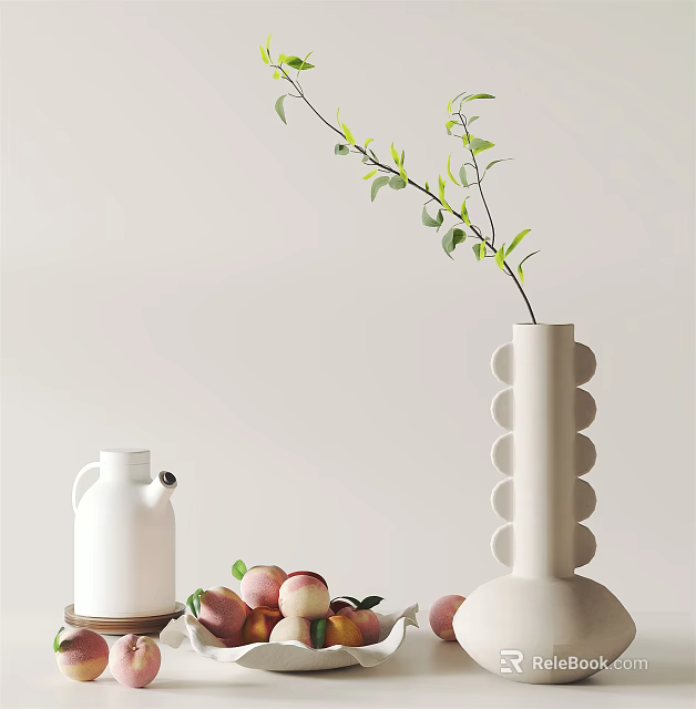Elegant Decorative Ornament Set with White Vase Leafy Branch White Jug and Peaches 3d model 