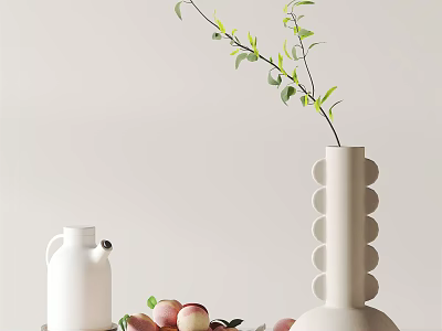 Elegant Decorative Ornament Set with White Vase Leafy Branch White Jug and Peaches 3d model
