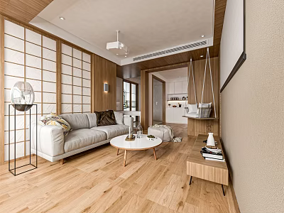 Modern Living Room Interior Design With Gray Sofa Round Coffee Table And Wooden Flooring 3d model
