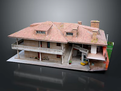 Cartoon Scenario Of Miniature House With Red Tile Roof Balcony Staircase And Small Yard 3d model