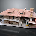 Cartoon Scenario Of Miniature House With Red Tile Roof Balcony Staircase And Small Yard
