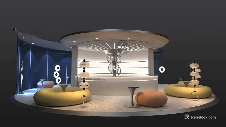 Modern Exhibition Booth With Circular Design White Interior Yellow And Orange Sofa Seats And Lighting 3d model 