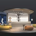 Modern Exhibition Booth With Circular Design White Interior Yellow And Orange Sofa Seats And Lighting