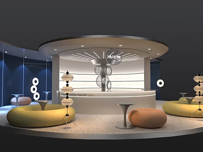 Modern Exhibition Booth With Circular Design White Interior Yellow And Orange Sofa Seats And Lighting 3d model