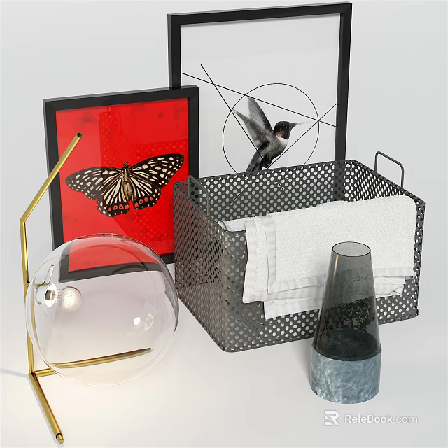 Elegant Decorative Ornament Set with Butterfly Pattern Red Frame Metal Basket Glass Globe and Vase 3d model 