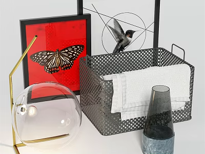 Elegant Decorative Ornament Set with Butterfly Pattern Red Frame Metal Basket Glass Globe and Vase 3d model