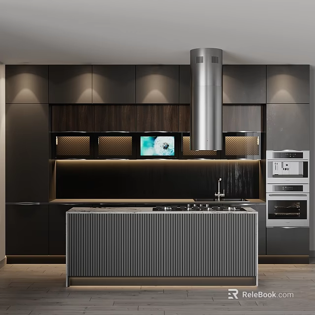 Modern Kitchen Interior With Sleek Dark Cabinets Island Counter And Range Hood 3d model 