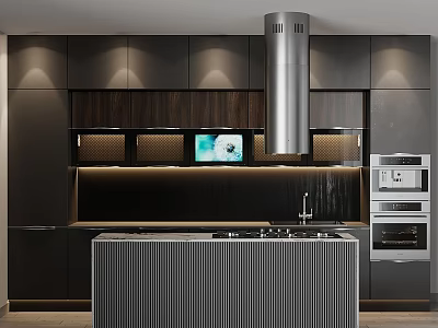 Modern Kitchen Interior With Sleek Dark Cabinets Island Counter And Range Hood 3d model