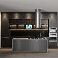 Modern Kitchen Interior With Sleek Dark Cabinets Island Counter And Range Hood